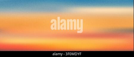 Gradient sunset bg with warm orange and yellow fluid blend. Grainy halftone texture overlay. Soft atmospheric summer blue sky and bluer clouds feel. T Stock Vector