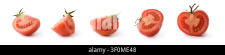 Collection of fresh tomato halves and wedges isolated on a white background, showing different cuts, juicy interiors, seeds, and clean studio presenta Stock Photo