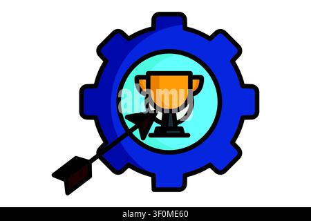 Goal setting icon. colored outline icon style. icon related to target. featuring a green achievement trophy inside a gear, with a arrow pointing towar Stock Vector