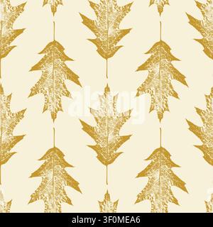 Seamless vector pattern with detailed oak leaf skeletons arranged in vertical rows on a cream background, ideal for elegant textile design, autumn wra Stock Vector