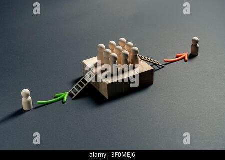 Wooden miniature figures illustrating a business process where an input enters a team workflow and produces a successful output through collaboration Stock Photo