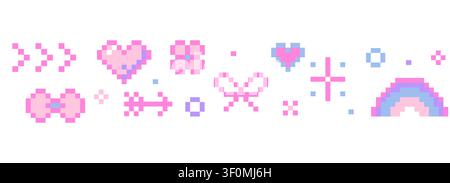 Cute pixel seamless border nice pink pixel decoration. Y2k retro game 8 bit flower blossom, stars sparkles, butterfly, heart and cherry. Whimsical sparkling shining stars emoji,. Vector illustration Stock Vector