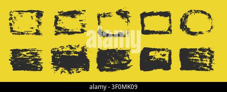 Linocut print with grunge ink texture and rough roller marks creates an authentic printmaking frame. Set vintage rectangle borders. Wide stripes rough textures. Vector illustration Stock Vector