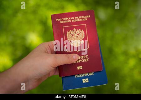 Hand displays two passports, a red Russian Federation passport and a blue passport, against a softly blurred green background Stock Photo