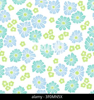 Hand drawn seamless floral pattern with simple abstract daisy shapes and tiny flowers, light spring background in blue, light green and turquoise colo Stock Vector