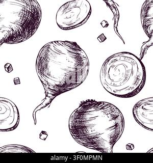 Seamless pattern with beetroot. Hand drawn sketch vegetable illustration, graphic engraving style with ink pen. Organic healthy food background for Stock Vector