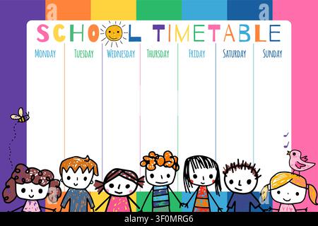 Cute back to school timetable for kids, colorful weekly educational planner template, children daily lesson schedule organizer Stock Vector