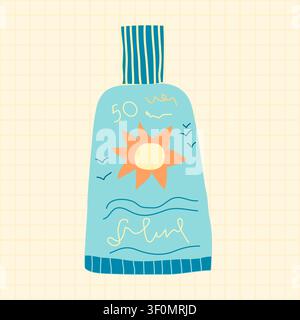 Hand drawn sunscreen SPF bottle doodle vector illustration, Cute sunblock lotion, Summer skincare UV protection flat design for packaging and wellness Stock Vector