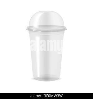 Clear empty plastic cup with dome lid, realistic mockup. Disposable transparent takeaway drink container isolated on white background, vector template Stock Vector