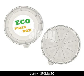 Open round eco pizza box with label sticker isolated on white background - top view, vector mockup Stock Vector