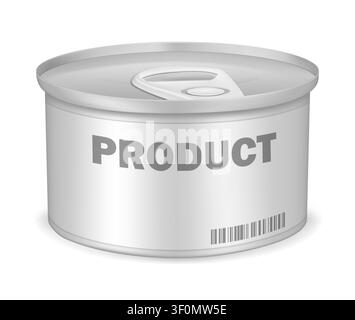 Round tin can with hoop pull ring lid and paper label isolated on white background, vector mockup. Conserved food product aluminum container, template Stock Vector