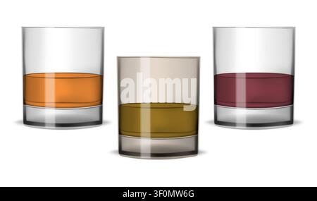 Clear drinking glasses filled with beverages isolated on white background, vector illustration. Transparent short glass tumbler with drink set Stock Vector