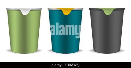 Plastic round food cup with tear off foil lid - front view, realistic vector mockup set. Yogurt color pots isolated on white background, template Stock Vector