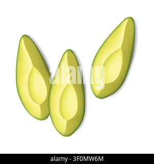 Avocado slices isolated on white background, realistic vector illustration. Peeled and cut into pieces avocados Stock Vector