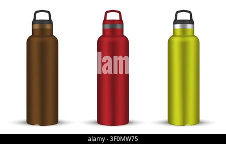 Glossy color metal water bottle with carry handle, realistic vector illustration. Drinking reusable flask for hot or cold beverages, template Stock Vector