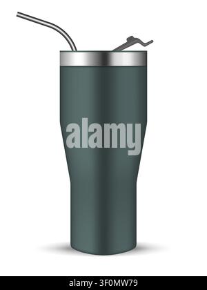 Tumbler cup with flip lid and metal drinking straw, realistic vector mockup. Stainless steel insulated bottle, mock-up. Travel thermo mug, template Stock Vector