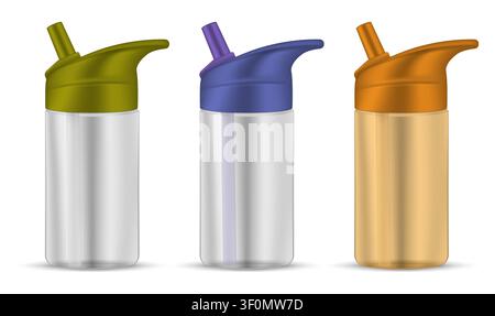 Kids water bottle with straw lid set. Small cup with spout isolated on white background. Transparent color container for baby drinking, template Stock Vector