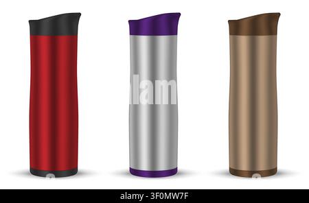 Travel mug set, realistic mockup. Metal thermos, mock-up. Portable insulated bottle, template. Easy to recolor Stock Vector