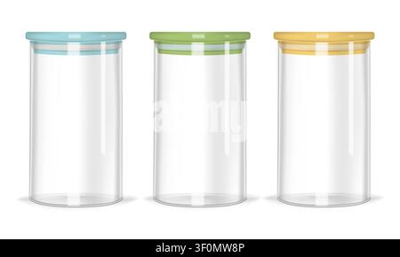 Glass jars with airtight seal colorful lids, realistic vector mockup. Clear empty food containers isolated on white background, template Stock Vector