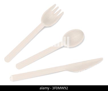 Wooden bamboo fork, spoon and knife, vector illustration. Disposable biodegradable eco cutlery set Stock Vector
