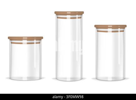 Glass storage jars different heights with airtight seal bamboo lids, vector mock-up set. Clear empty food canisters isolated on white background Stock Vector