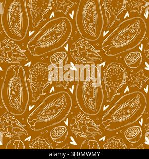 Hand-drawn seamless background made of tropical summer fruits, papaya, passion fruit, carambola, dragon fruit in line art style Stock Vector