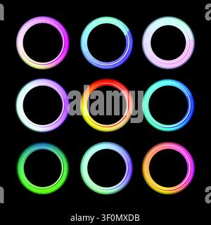 Nine multicolored glowing circle frames on black background Stock Vector