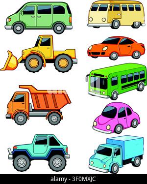 Collection of various colorful cartoon style vehicles Stock Vector