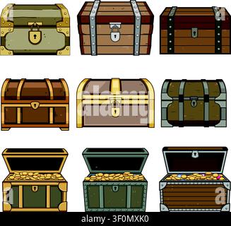 Arranging multiple styles of closed and open wooden chests, some filled with shining gold coins and precious colorful gems, creating concepts of wealt Stock Vector