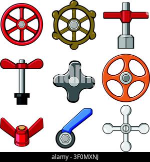 Various valve handles and knobs set illustration Stock Vector