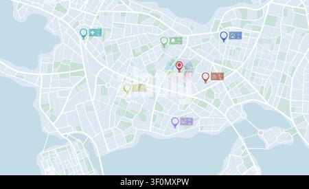 City map with colorful location pins and service icons Stock Vector