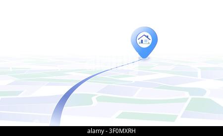 Navigation map concept with blue route leading to house location pin over perspective city map Stock Vector