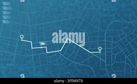 Blue Digital Map Interface with White Zigzag Route Line Connecting Two Location Pin Points Stock Vector