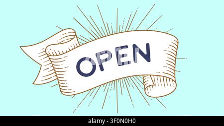 Open. Banner ribbon. Retro engraved ribbon Stock Vector