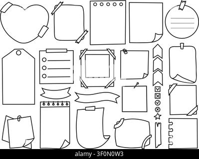 Blank Sticky Notes and Photo Frames Set. Cute Bullet Journal Paper Templates, Memo Pads, Card, To Do List, Sheet,, Hearts and Tags. Isolated Black Lin Stock Vector