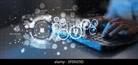AI artificial intelligence platform for business process automation with workflow icons and typing interaction Stock Photo
