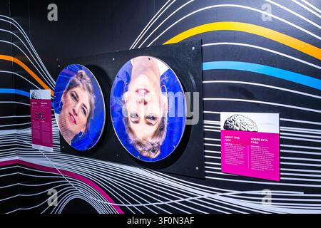 Thatcher effect or Thatcher illusion, upside-down face optical illusion featuring the actress Mayim Bialik at a science museum Stock Photo