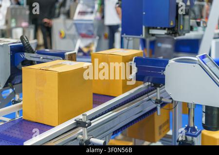 Cardboard boxes moving on a conveyor belt past an automated industrial printing machine applying barcodes and text in a modern logistics or manufactur Stock Photo