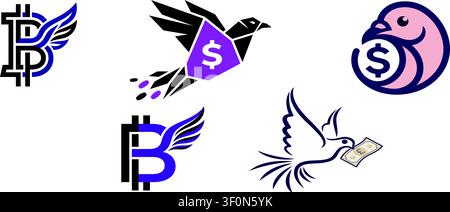 Financial bird logo set with bitcoin and dollar symbols, 5 vector icons of flying birds and currency, purple and black crypto finance branding element Stock Vector