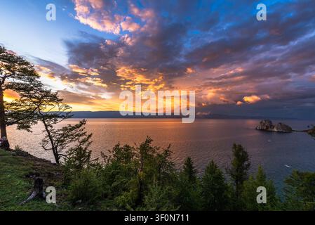 A sweeping elevated view across Lake Baikal (Ozero Baykal) from Olkhon Island. Stock Photo