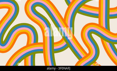 Colorful retro 70s pattern with wavy rainbow stripes. Trendy naive cartoon background Stock Vector
