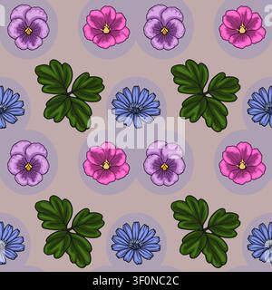 Seamless vector pattern with colorful pansies, chicory flowers and green leaves on a light purple background Stock Vector