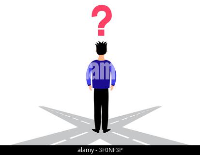 Businessman Standing at Crossroad Decision Point with Question Mark - vector illustration Stock Vector