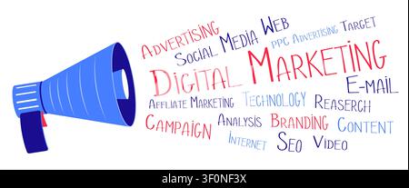Digital Marketing Megaphone with Related Keyword Word Cloud - vector illustration Stock Vector