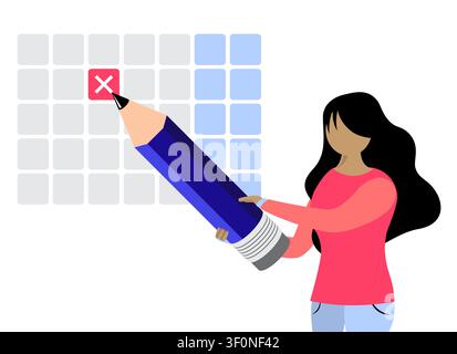 Woman Marking Done Event or Deadline with Large Pencil on Calendar - vector illustration Stock Vector