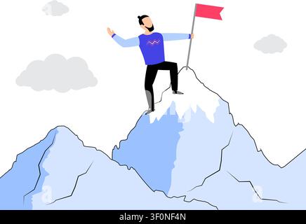 Successful Entrepreneur Standing on Mountain Top with Flag - vector illustration Stock Vector