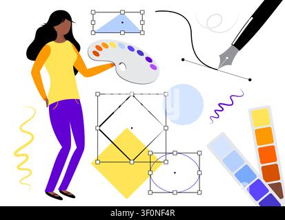 Graphic Designer Working with Color Palette and Vector Geometry Tools - vector illustration Stock Vector