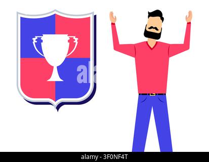 Happy Winner Celebrating Victory next to Championship Trophy Shield - vector illustration Stock Vector