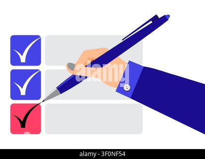 Hand Marking Completed Tasks with Tick on Checklist Form - vector illustration Stock Vector