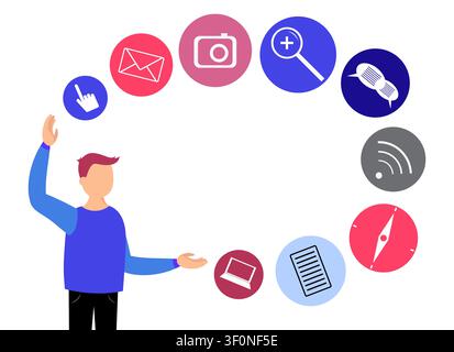 User Interacting with Multi Channel Communication and Social Media Icons - vector illustration Stock Vector